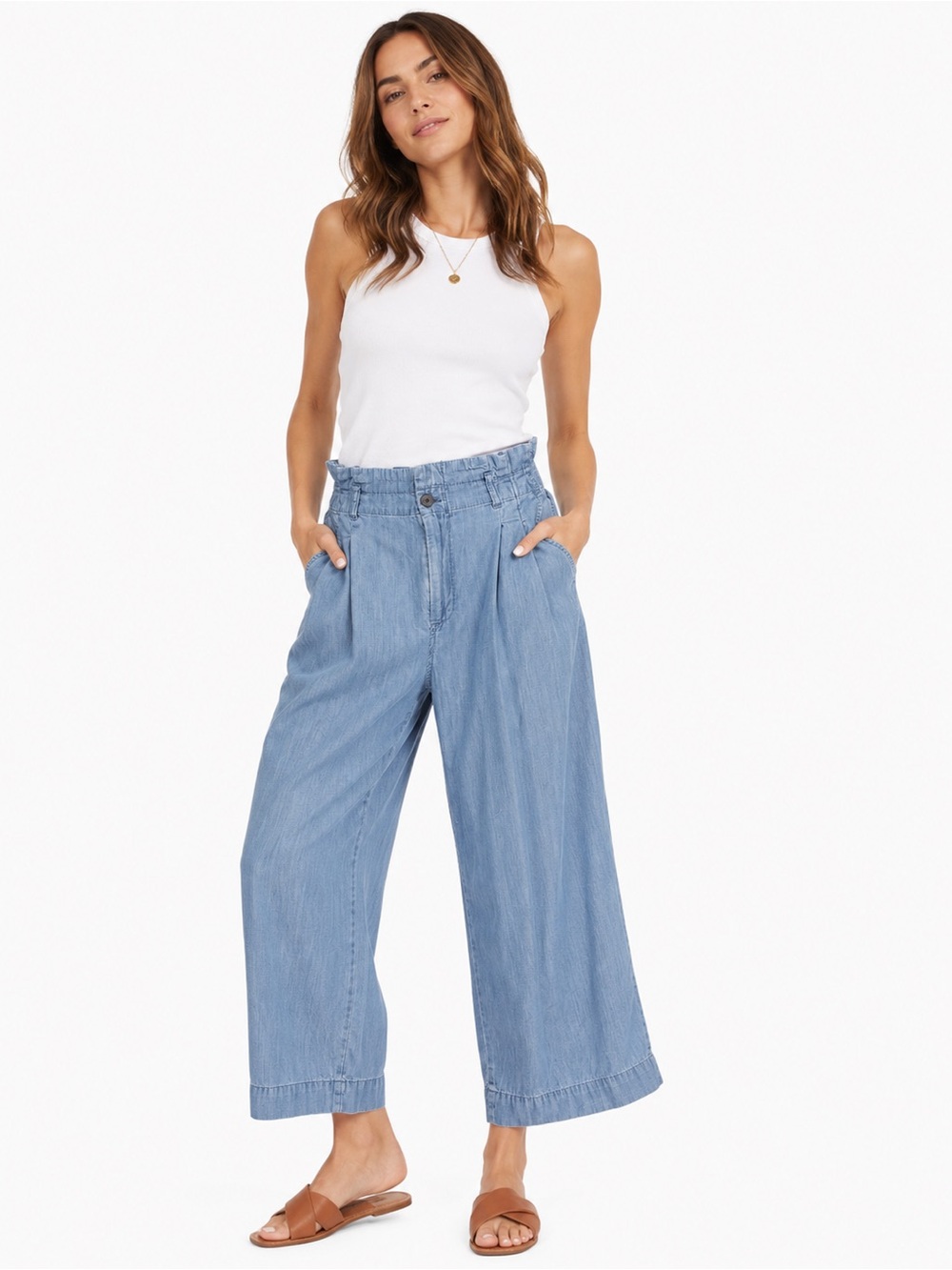 Madewell Chambray Paperbag Waist Wide Leg Crop Pants Size 6 Lyocell Blend